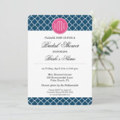 Elegant Navy Blue Quatrefoil met roze Monogram Kaart (Staand voorkant)