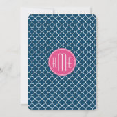 Elegant Navy Blue Quatrefoil met roze Monogram Kaart (Achterkant)