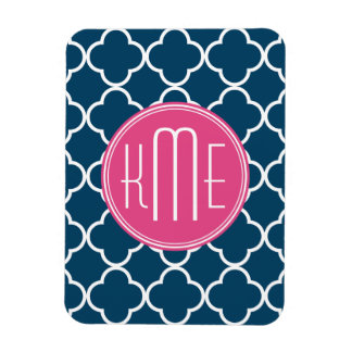 Elegant Navy Blue Quatrefoil met roze Monogram Magneet