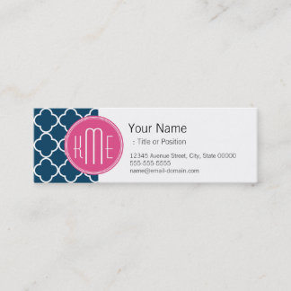 Elegant Navy Blue Quatrefoil met roze Monogram Mini Visitekaartje