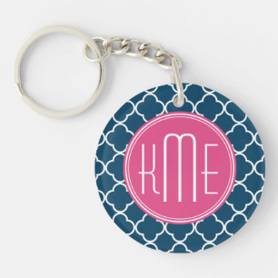 Elegant Navy Blue Quatrefoil met roze Monogram Sleutelhanger