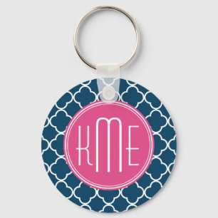 Elegant Navy Blue Quatrefoil met roze Monogram Sleutelhanger