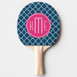 Elegant Navy Blue Quatrefoil met roze Monogram Tafeltennisbatje