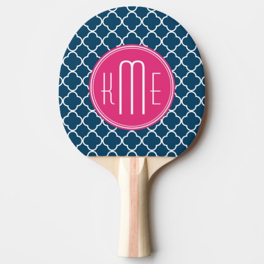 Elegant Navy Blue Quatrefoil met roze Monogram Tafeltennisbatje (Voorkant)
