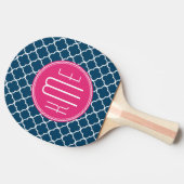 Elegant Navy Blue Quatrefoil met roze Monogram Tafeltennisbatje (Zijkant)