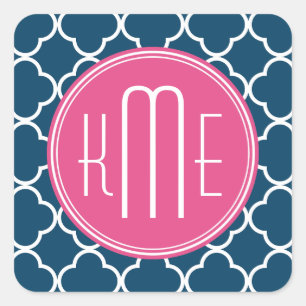Elegant Navy Blue Quatrefoil met roze Monogram Vierkante Sticker
