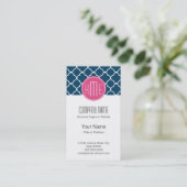 Elegant Navy Blue Quatrefoil met roze Monogram Visitekaartje (Staand voorkant)