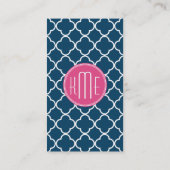 Elegant Navy Blue Quatrefoil met roze Monogram Visitekaartje (Achterkant)