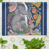 Elegant Navy Blue Rabbit & Birds Jacobean Floral Theedoek (Gevouwen)