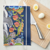 Elegant Navy Blue Rabbit & Birds Jacobean Floral Theedoek (Quarter Fold)