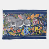 Elegant Navy Blue Rabbit & Birds Jacobean Floral Theedoek (Horizontaal)