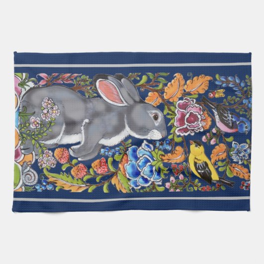 Elegant Navy Blue Rabbit & Birds Jacobean Floral Theedoek (Horizontaal)