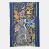 Elegant Navy Blue Rabbit & Birds Jacobean Floral Theedoek (Verticaal)