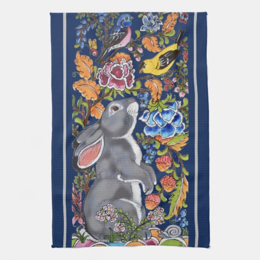 Elegant Navy Blue Rabbit & Birds Jacobean Floral Theedoek (Verticaal)