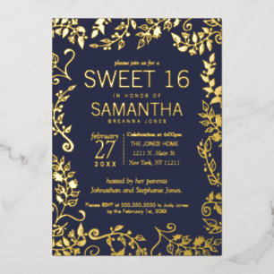 Elegant Navy Blue Real Gold Floral Sweet 16 Folie Uitnodiging