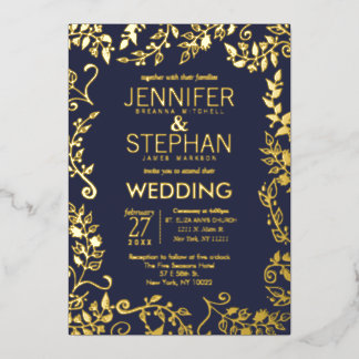 Elegant Navy Blue Real Gold Floral Wedding Folie Uitnodiging