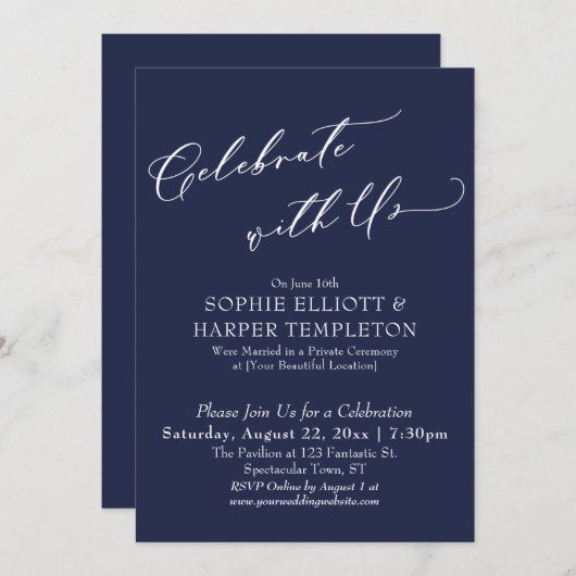 Elegant Navy Blue Reception Kaart (Voorkant / Achterkant)