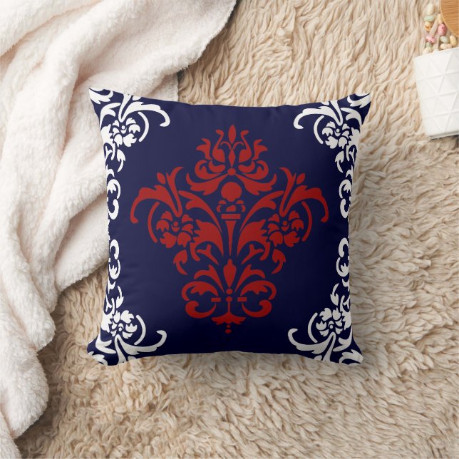 Elegant Navy Blue Red en White Damask Kussen (Deken)