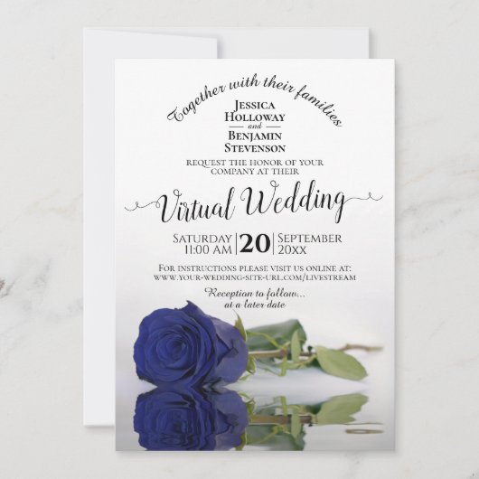 Elegant Navy Blue Reflecterende Roos Virtual Weddi Kaart (Voorkant)