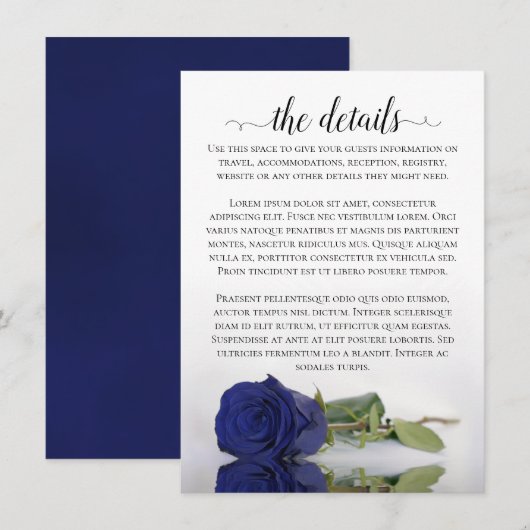 Elegant Navy Blue Reflecting Roos Wedding Details Informatiekaartje (Voorkant / Achterkant)