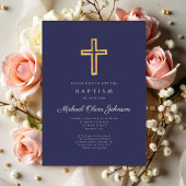 Elegant Navy Blue Religious Cross Boy Baptisme Kaart