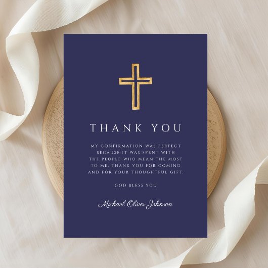 Elegant Navy Blue Religious Cross Confirmation Bedankkaart