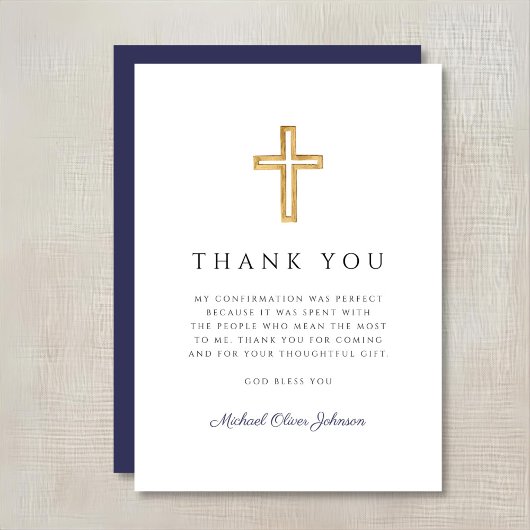 Elegant Navy Blue Religious Cross Confirmation Bedankkaart