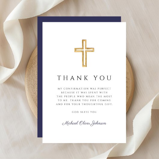 Elegant Navy Blue Religious Cross Confirmation Bedankkaart