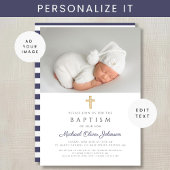 Elegant Navy Blue Religious Cross Foto Baptisme Kaart