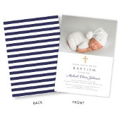 Elegant Navy Blue Religious Cross Foto Baptisme Kaart