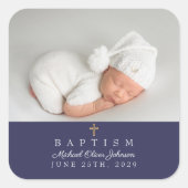 Elegant Navy Blue Religious Cross Foto Baptisme Vierkante Sticker (Voorkant)