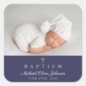 Elegant Navy Blue Religious Cross Foto Baptisme Vierkante Sticker (Voorkant)