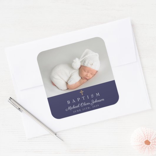 Elegant Navy Blue Religious Cross Foto Baptisme Vierkante Sticker (Envelop)