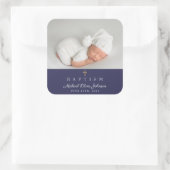Elegant Navy Blue Religious Cross Foto Baptisme Vierkante Sticker (Tas)