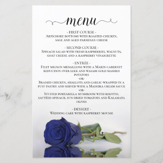 Elegant Navy Blue Roos Budget Wedding Menu (Voorkant)