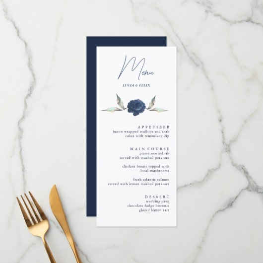 Elegant Navy BLue Roos Floral Wedding Menu Kaarten (Voorkant / Achterkant in situ)
