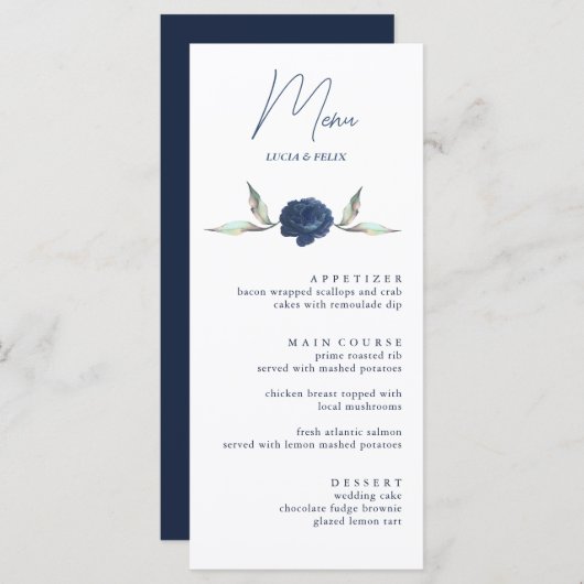Elegant Navy BLue Roos Floral Wedding Menu Kaarten (Voorkant / Achterkant)