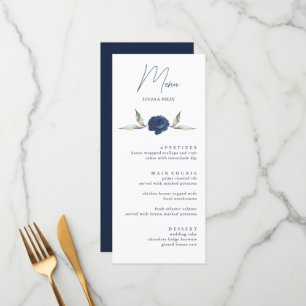 Elegant Navy BLue Roos Floral Wedding Menu Kaarten