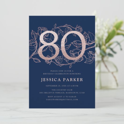 Elegant Navy Blue Roos Gold 80th Verjaardag Kaart (Staand voorkant)