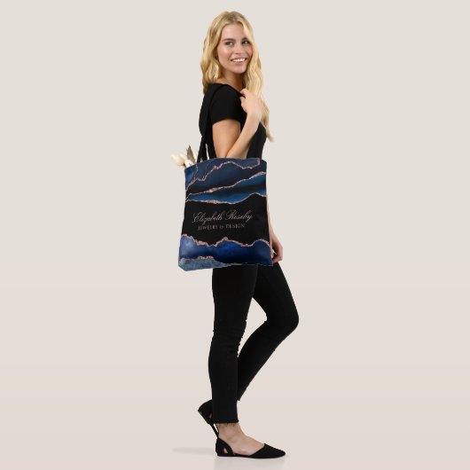 Elegant Navy Blue Roos Gold Agate Geode Business Tote Bag (Op model)