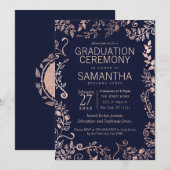 Elegant Navy Blue Roos Gold Floral Afstuderen Kaart (Voorkant / Achterkant)