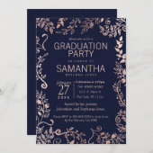 Elegant Navy Blue Roos Gold Floral Afstuderen Kaart (Voorkant / Achterkant)