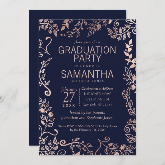 Elegant Navy Blue Roos Gold Floral Afstuderen Kaart (Voorkant / Achterkant)