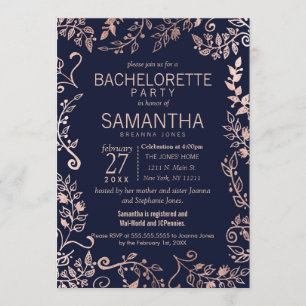 Elegant Navy Blue Roos Gold Floral Bachelorette Kaart