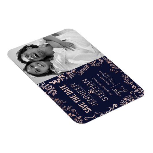 Elegant Navy Blue Roos Gold Floral Save the Dates Magneet (Rechterzijde)