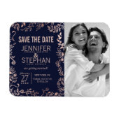 Elegant Navy Blue Roos Gold Floral Save the Dates Magneet (Horizontaal)