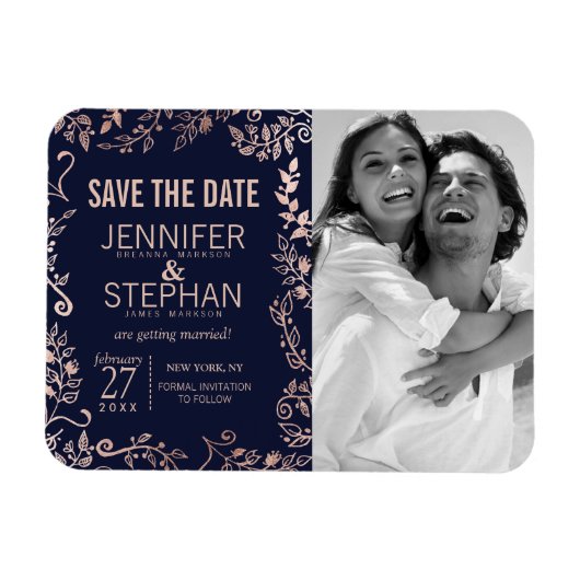 Elegant Navy Blue Roos Gold Floral Save the Dates Magneet (Horizontaal)