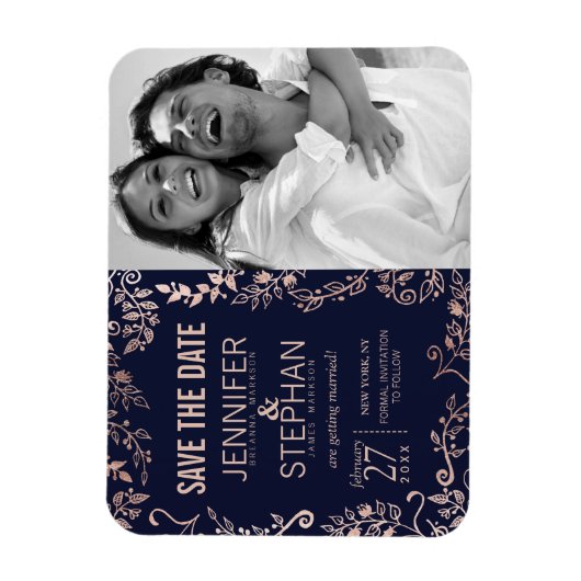 Elegant Navy Blue Roos Gold Floral Save the Dates Magneet (Verticaal)