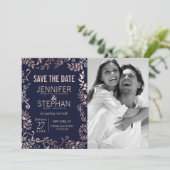 Elegant Navy Blue Roos Gold Floral Save the Dates Save The Date (Staand voorkant)