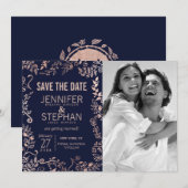 Elegant Navy Blue Roos Gold Floral Save the Dates Save The Date (Voorkant / Achterkant)